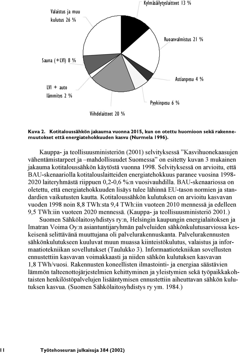 Kauppa- ja teollisuusministeriön (2001) selvityksessä Kasvihuonekaasujen vähentämistarpeet ja mahdollisuudet Suomessa on esitetty kuvan 3 mukainen jakauma kotitaloussähkön käytöstä vuonna 1998.