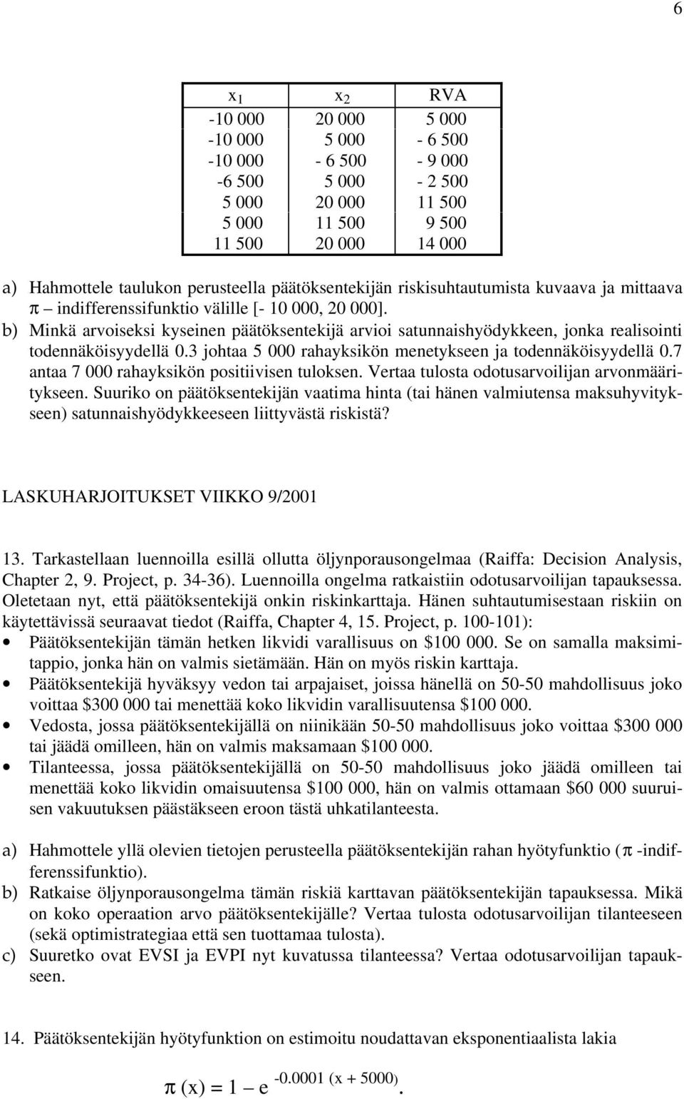b) Minkä arvoiseksi kyseinen päätöksentekijä arvioi satunnaishyödykkeen, jonka realisointi todennäköisyydellä 0.3 johtaa 5 000 rahayksikön menetykseen ja todennäköisyydellä 0.