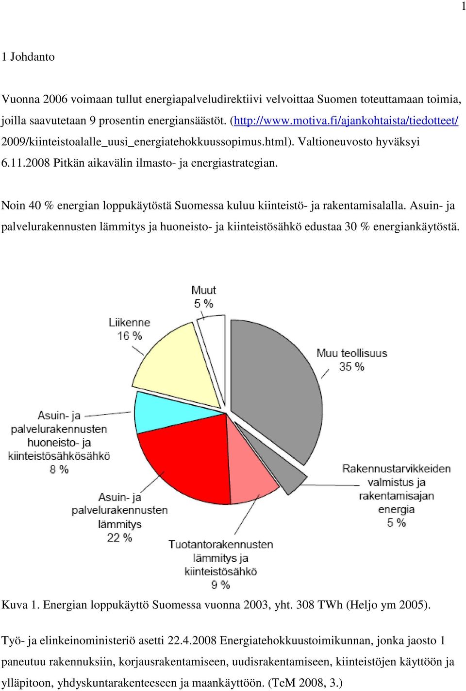 Noin 40 % energian loppukäytöstä Suomessa kuluu kiinteistö- ja rakentamisalalla. Asuin- ja palvelurakennusten lämmitys ja huoneisto- ja kiinteistösähkö edustaa 30 % energiankäytöstä. Kuva 1.