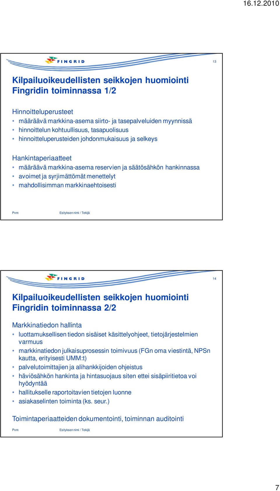 markkinaehtoisesti Pvm Esityksen nimi / Tekijä 14 Kilpailuoikeudellisten seikkojen huomiointi Fingridin toiminnassa 2/2 Markkinatiedon hallinta luottamuksellisen tiedon sisäiset käsittelyohjeet,