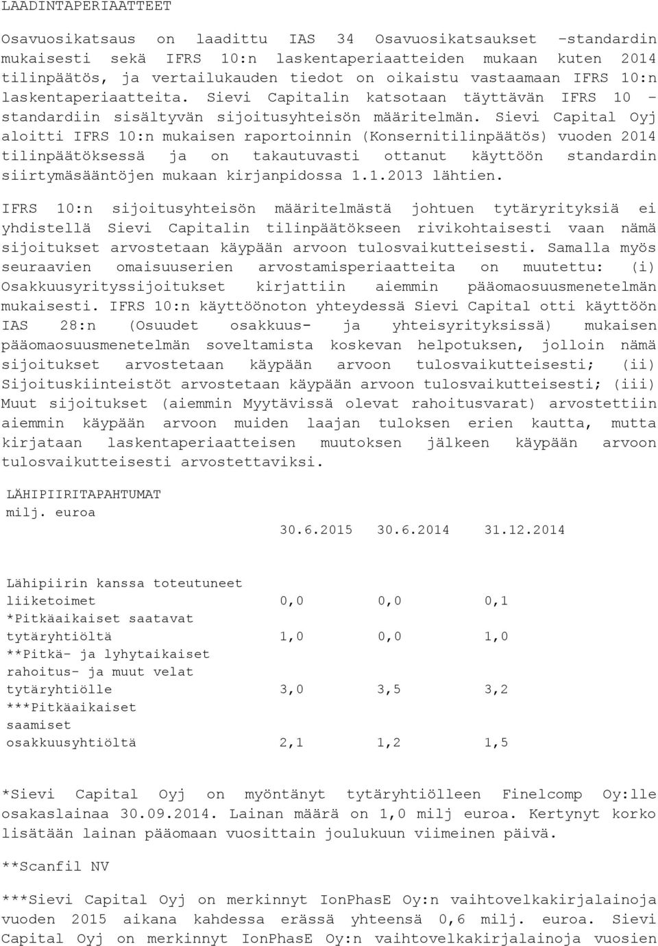 Sievi Capital Oyj aloitti IFRS 10:n mukaisen raportoinnin (Konsernitilinpäätös) vuoden 2014 tilinpäätöksessä ja on takautuvasti ottanut käyttöön standardin siirtymäsääntöjen mukaan kirjanpidossa 1.1.2013 lähtien.