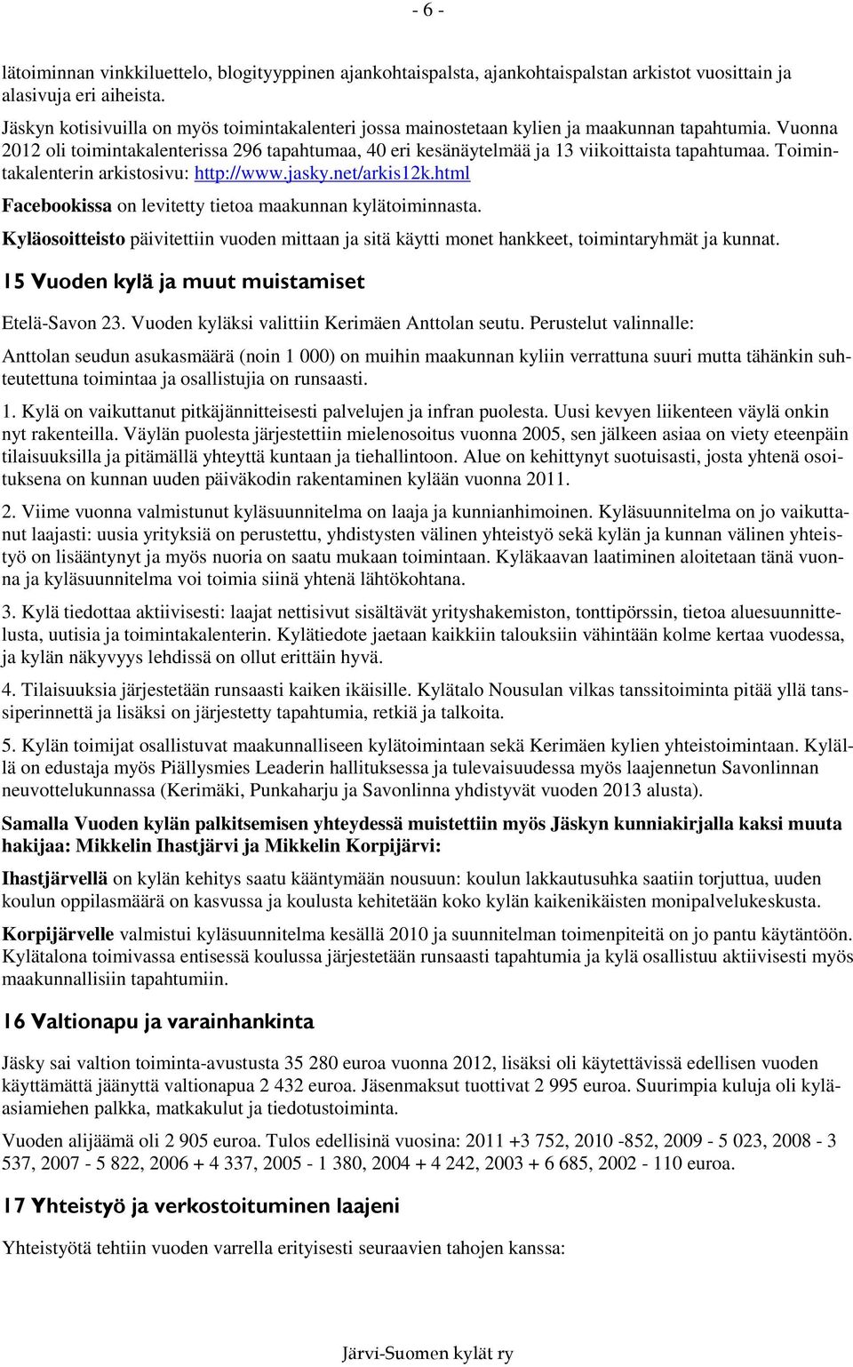 Vuonna 2012 oli toimintakalenterissa 296 tapahtumaa, 40 eri kesänäytelmää ja 13 viikoittaista tapahtumaa. Toimintakalenterin arkistosivu: http://www.jasky.net/arkis12k.