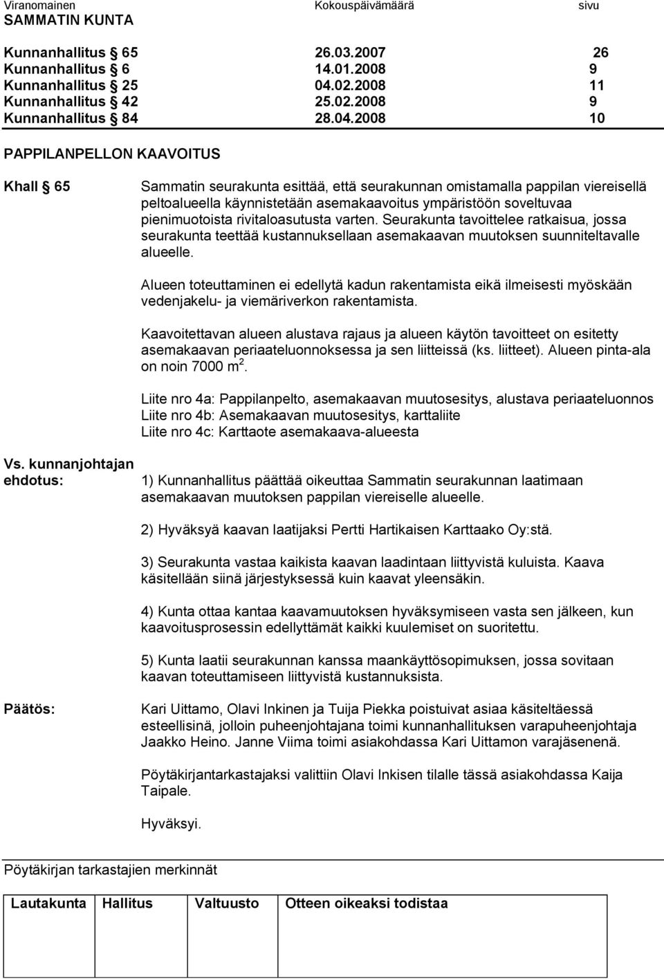 2008 10 PAPPILANPELLON KAAVOITUS Khall 65 Sammatin seurakunta esittää, että seurakunnan omistamalla pappilan viereisellä peltoalueella käynnistetään asemakaavoitus ympäristöön soveltuvaa