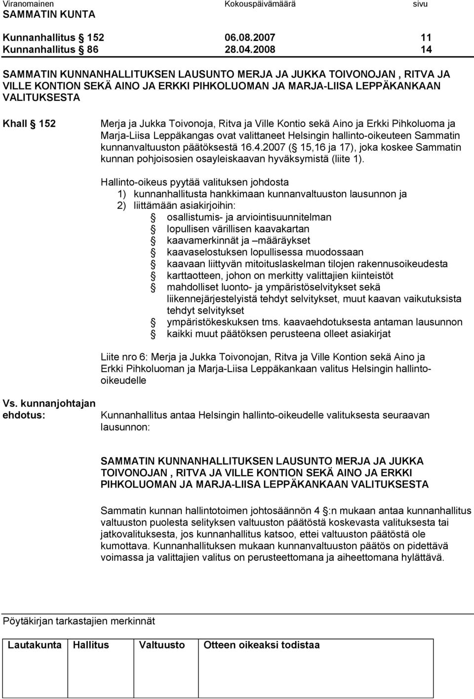 Toivonoja, Ritva ja Ville Kontio sekä Aino ja Erkki Pihkoluoma ja Marja Liisa Leppäkangas ovat valittaneet Helsingin hallinto oikeuteen Sammatin kunnanvaltuuston päätöksestä 16.4.
