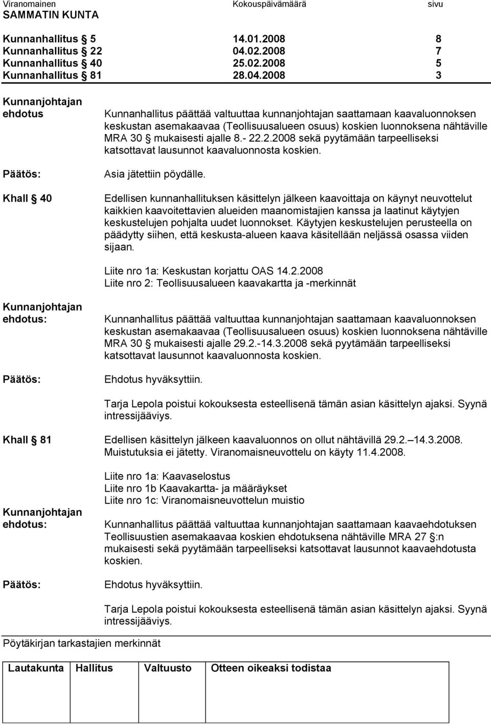 2008 3 ehdotus Khall 40 Kunnanhallitus päättää valtuuttaa kunnanjohtajan saattamaan kaavaluonnoksen keskustan asemakaavaa (Teollisuusalueen osuus) koskien luonnoksena nähtäville MRA 30 mukaisesti