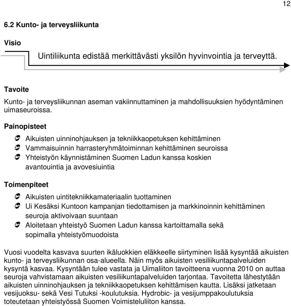 Aikuisten uinninohjauksen ja tekniikkaopetuksen kehittäminen Vammaisuinnin harrasteryhmätoiminnan kehittäminen seuroissa Yhteistyön käynnistäminen Suomen Ladun kanssa koskien avantouintia ja