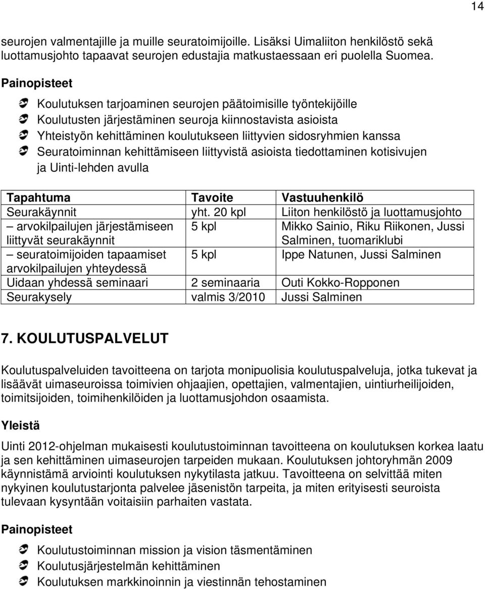 Seuratoiminnan kehittämiseen liittyvistä asioista tiedottaminen kotisivujen ja Uinti-lehden avulla Tapahtuma Tavoite Vastuuhenkilö Seurakäynnit yht.