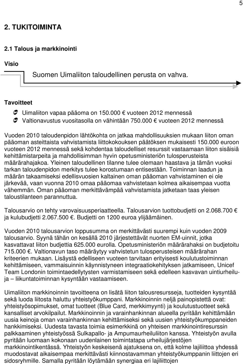 000 vuoteen 2012 mennessä Vuoden 2010 taloudenpidon lähtökohta on jatkaa mahdollisuuksien mukaan liiton oman pääoman asteittaista vahvistamista liittokokouksen päätöksen mukaisesti 150.