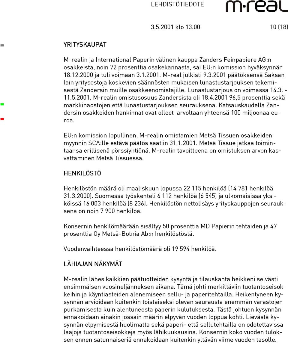 Lunastustarjous on voimassa 14.3. - 11.5.2001. M-realin omistusosuus Zandersista oli 18.4.2001 96,5 prosenttia sekä markkinaostojen että lunastustarjouksen seurauksena.