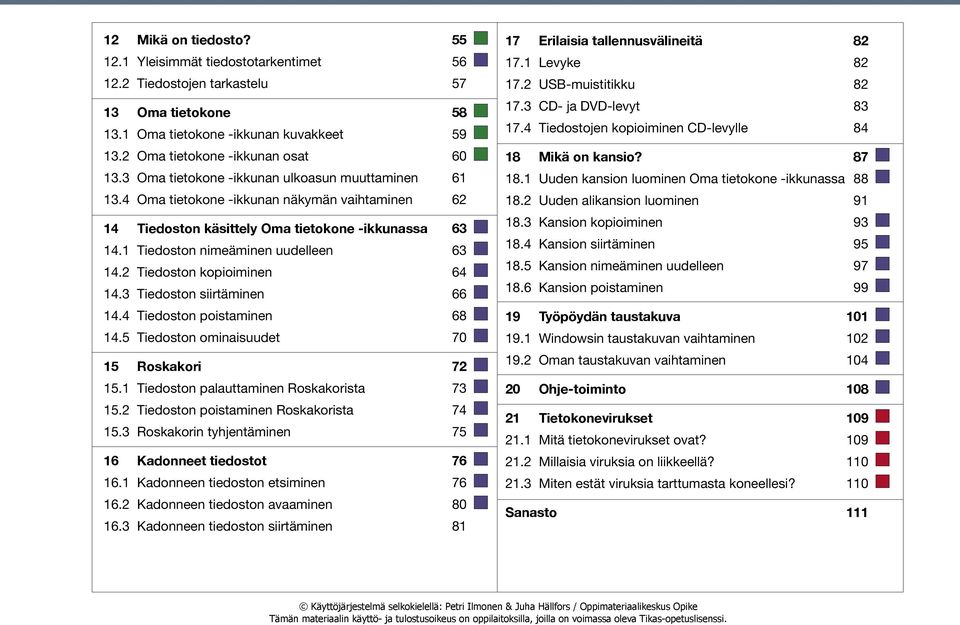 2 Tiedoston kopioiminen 64 14.3 Tiedoston siirtäminen 66 14.4 Tiedoston poistaminen 68 14.5 Tiedoston ominaisuudet 70 15 Roskakori 72 15.1 Tiedoston palauttaminen Roskakorista 73 15.