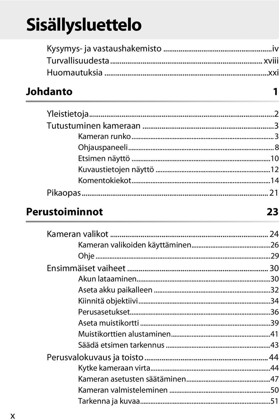..26 Ohje...29 Ensimmäiset vaiheet... 30 Akun lataaminen...30 Aseta akku paikalleen...32 Kiinnitä objektiivi...34 Perusasetukset...36 Aseta muistikortti.