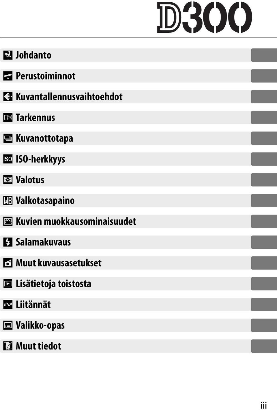 Valkotasapaino J Kuvien muokkausominaisuudet l Salamakuvaus t
