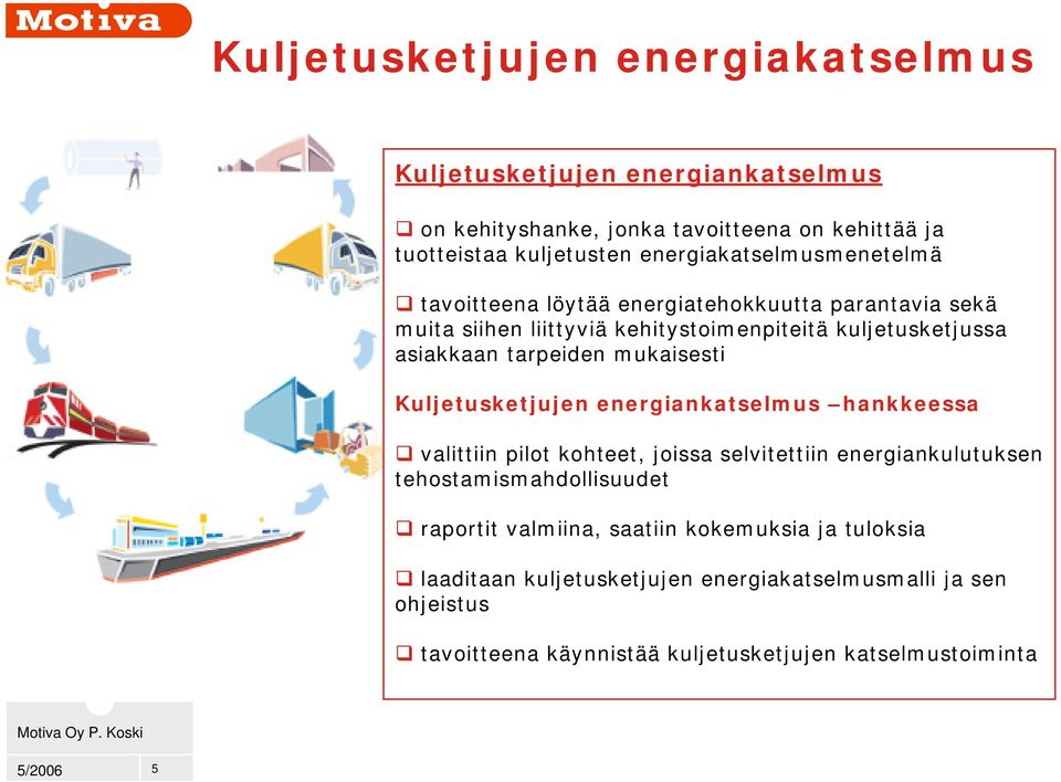 tarpeiden mukaisesti Kuljetusketjujen energiankatselmus hankkeessa valittiin pilot kohteet, joissa selvitettiin energiankulutuksen tehostamismahdollisuudet