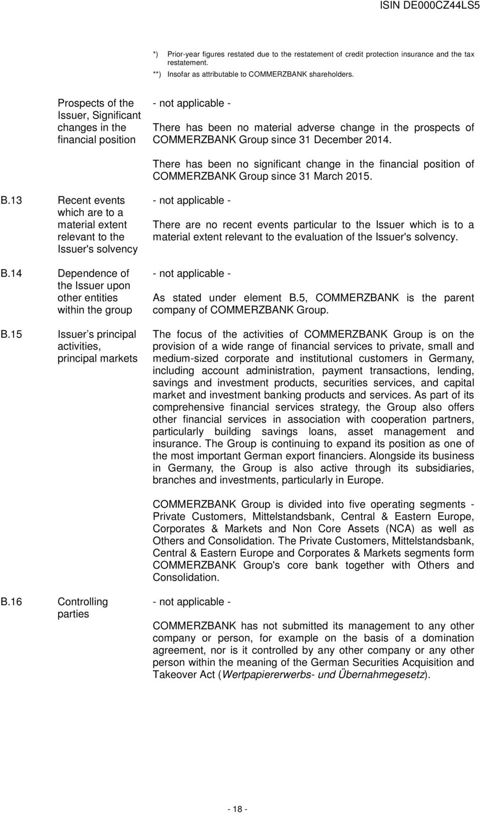 There has been no significant change in the financial position of COMMERZBANK Group since 31 March 2015. B.13 Recent events which are to a material extent relevant to the Issuer's solvency B.