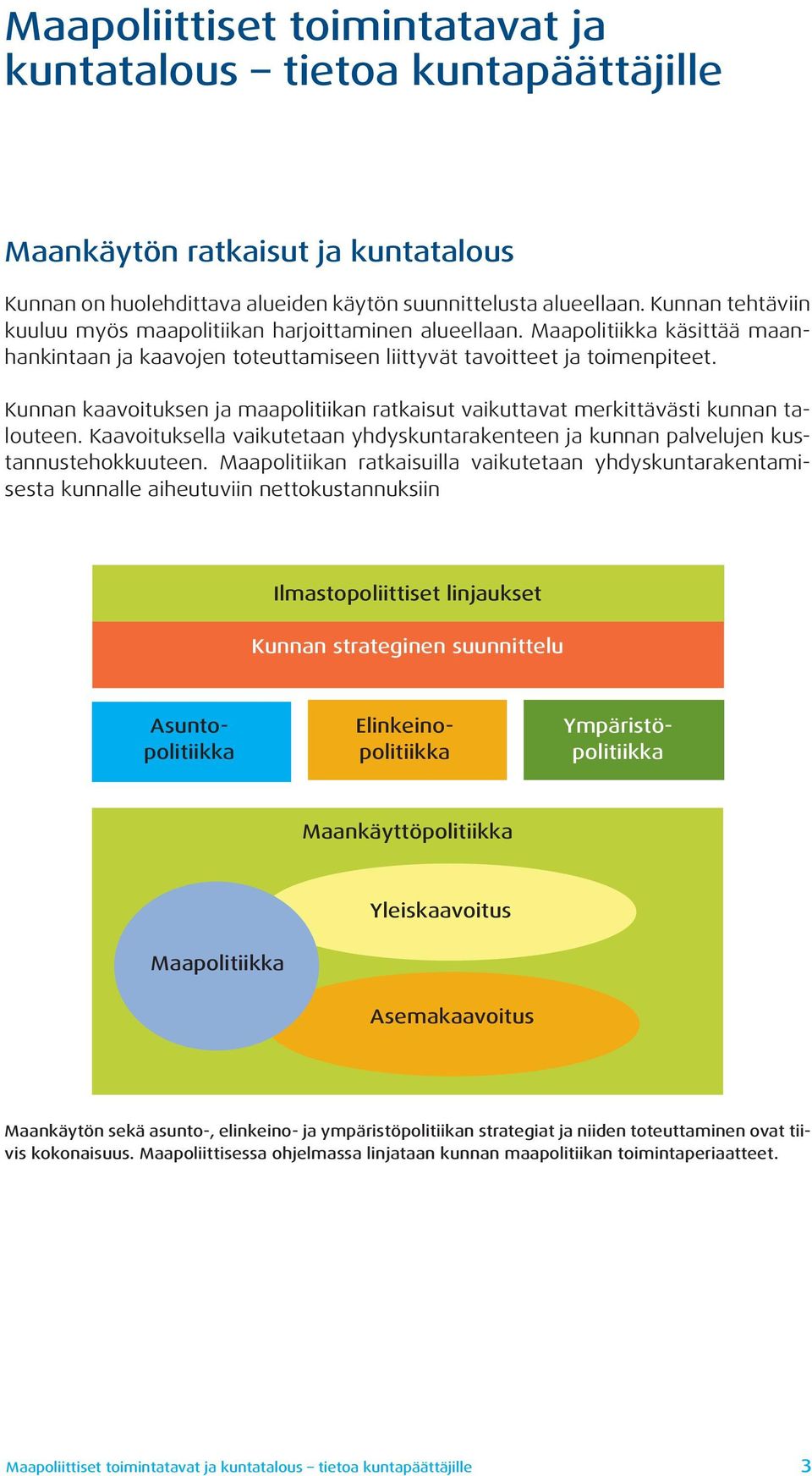 Kunnan kaavoituksen ja maapolitiikan ratkaisut vaikuttavat merkittävästi kunnan talouteen. Kaavoituksella vaikutetaan yhdyskuntarakenteen ja kunnan palvelujen kustannustehokkuuteen.
