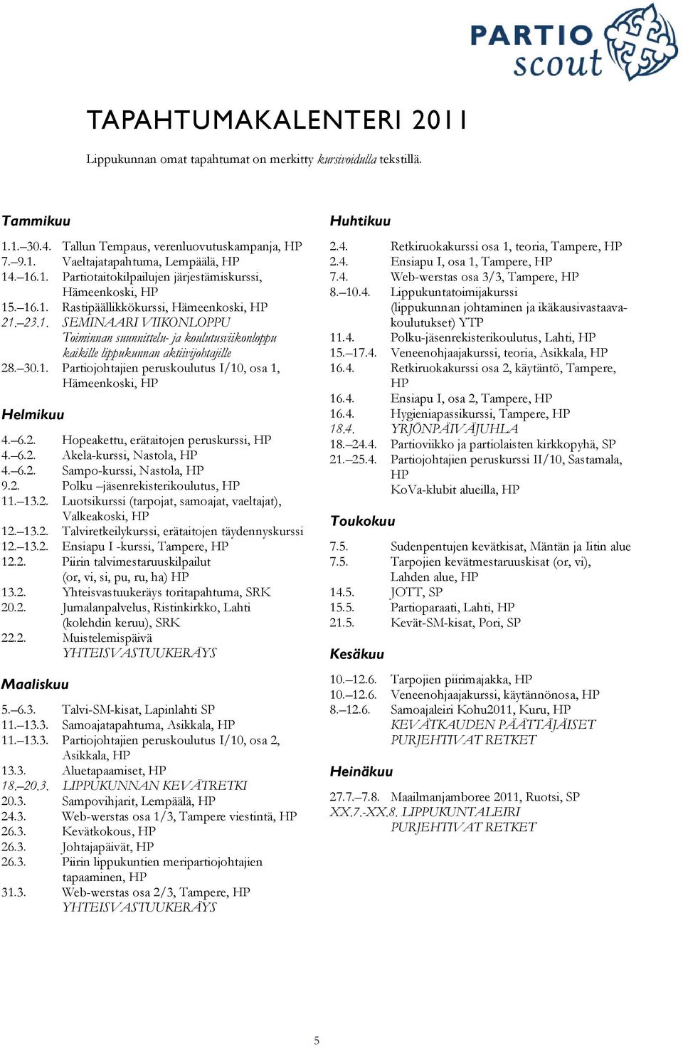 6.2. Hopeakettu, erätaitojen peruskurssi, HP 4. 6.2. Akela-kurssi, Nastola, HP 4. 6.2. Sampo-kurssi, Nastola, HP 9.2. Polku jäsenrekisterikoulutus, HP 11. 13.2. Luotsikurssi (tarpojat, samoajat, vaeltajat), Valkeakoski, HP 12.