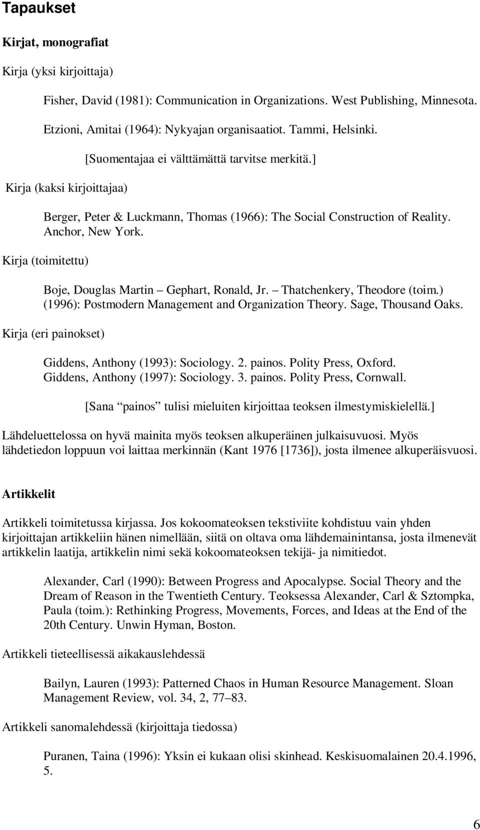 Kirja (toimitettu) Boje, Douglas Martin Gephart, Ronald, Jr. Thatchenkery, Theodore (toim.) (1996): Postmodern Management and Organization Theory. Sage, Thousand Oaks.