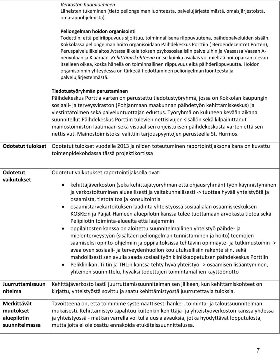 Kokkolassa peliongelman hoito organisoidaan Päihdekeskus Porttiin ( Beroendecentret Porten), Peruspalveluliikelaitos Jytassa liikelaitoksen psykososiaalisiin palveluihin ja Vaasassa Vaasan A-