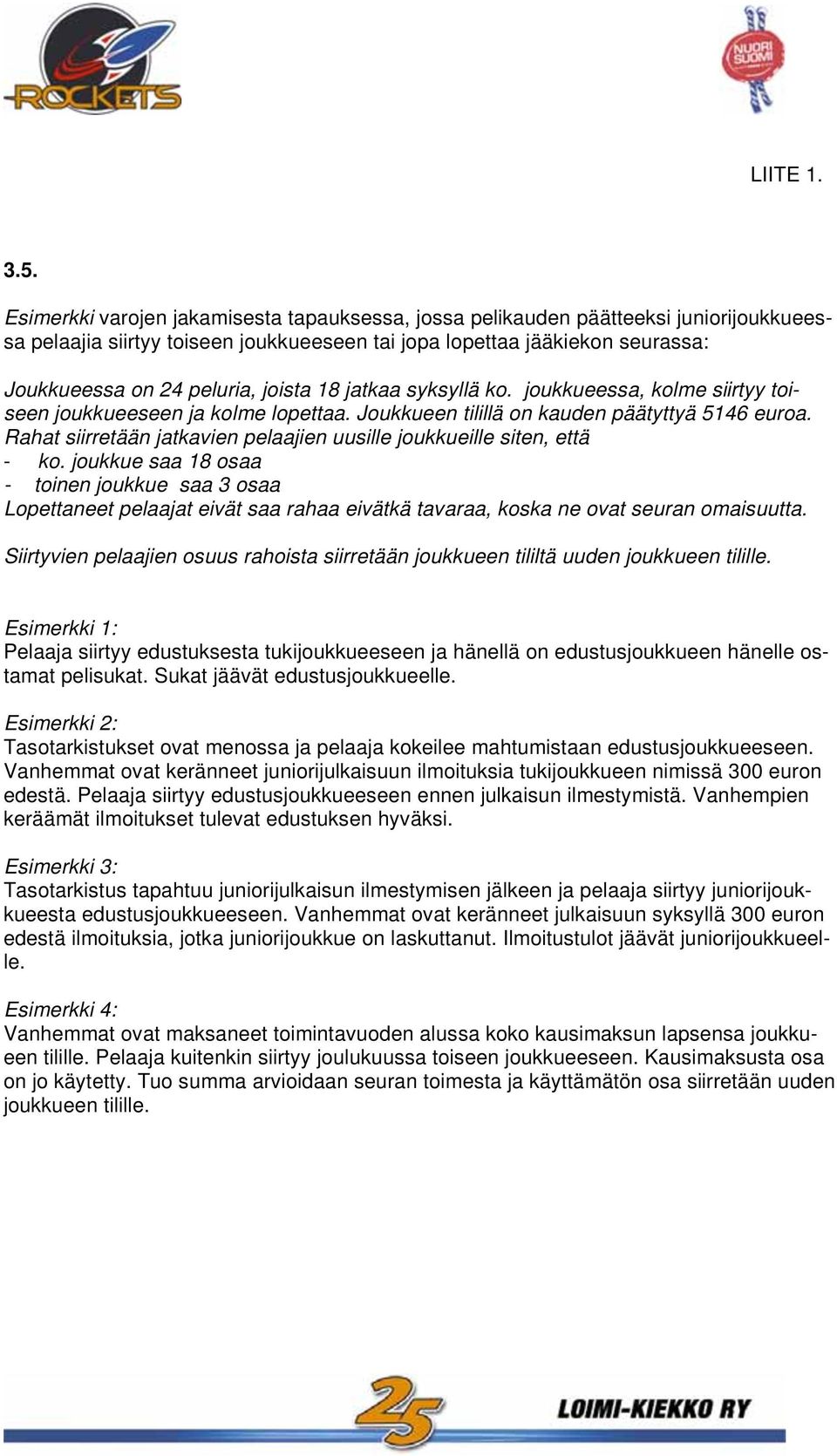 18 jatkaa syksyllä ko. joukkueessa, kolme siirtyy toiseen joukkueeseen ja kolme lopettaa. Joukkueen tilillä on kauden päätyttyä 5146 euroa.