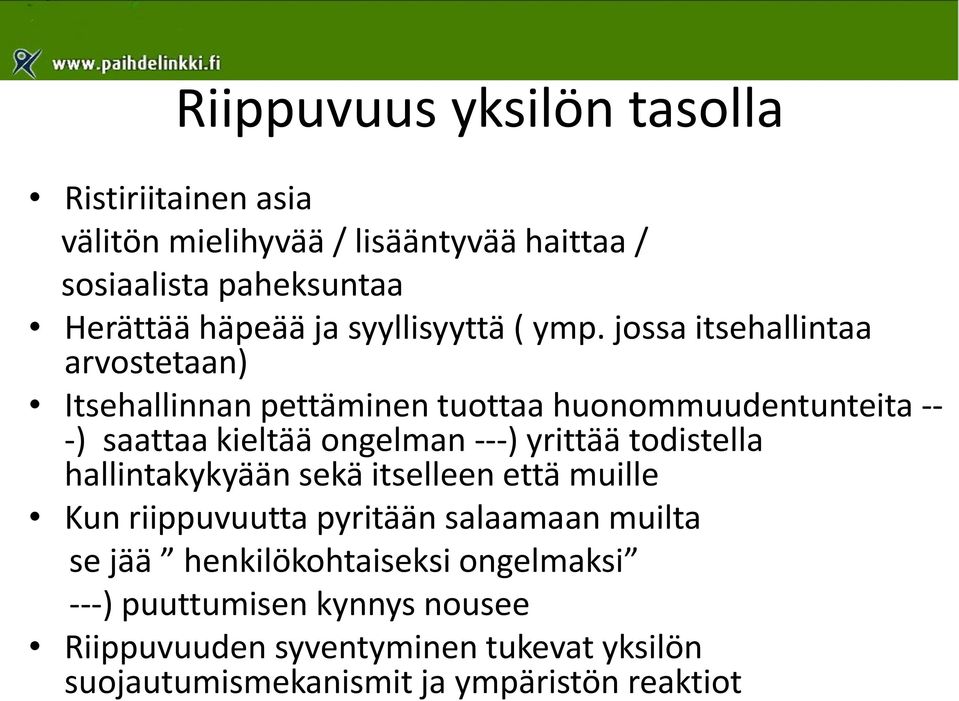 jossa itsehallintaa arvostetaan) Itsehallinnan pettäminen tuottaa huonommuudentunteita -- -) saattaa kieltää ongelman ---) yrittää