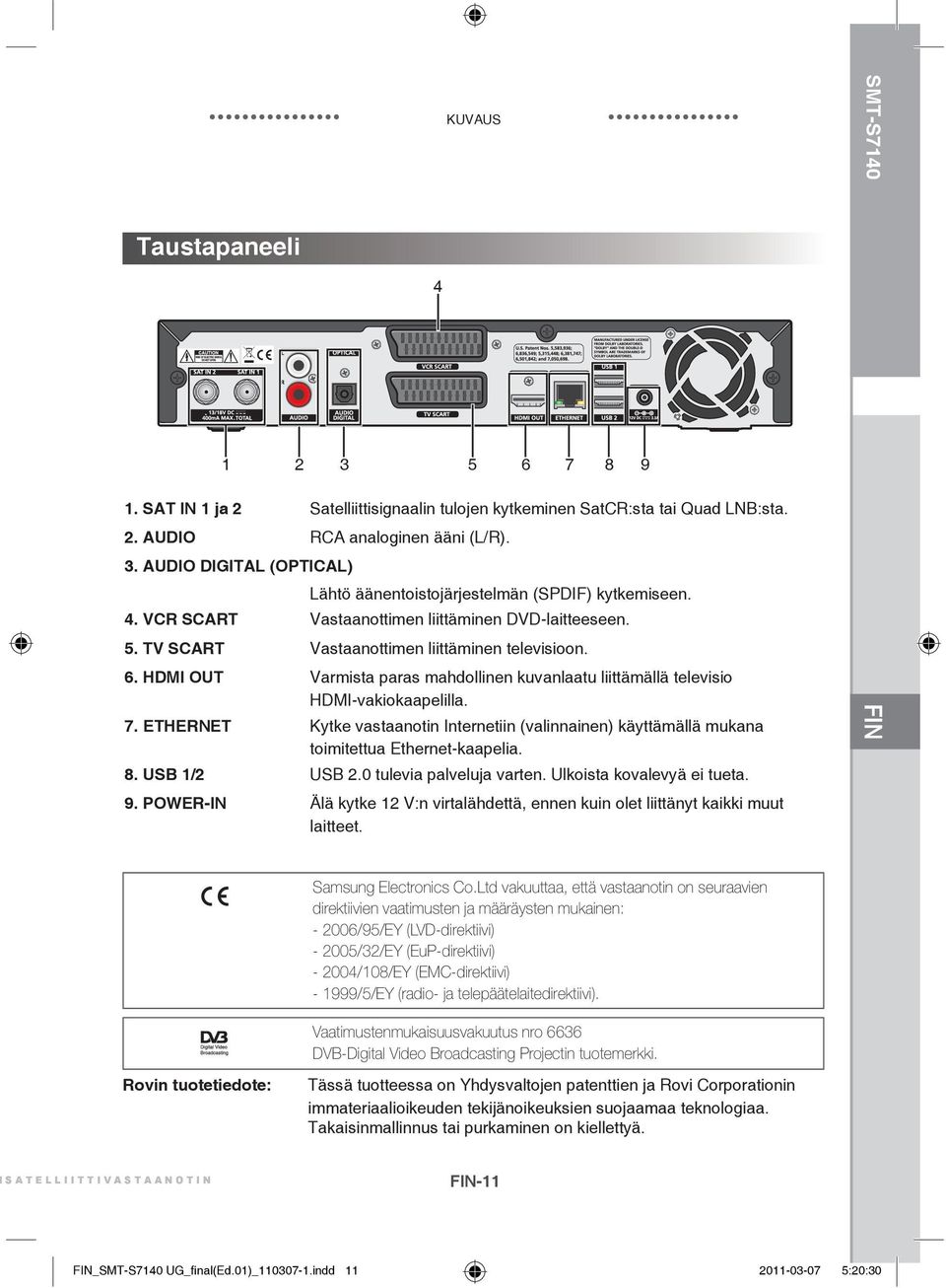 HDMI OUT Varmista paras mahdollinen kuvanlaatu liittämällä televisio HDMI-vakiokaapelilla. 7. ETHERNET Kytke vastaanotin Internetiin (valinnainen) käyttämällä mukana toimitettua Ethernet-kaapelia. 8.