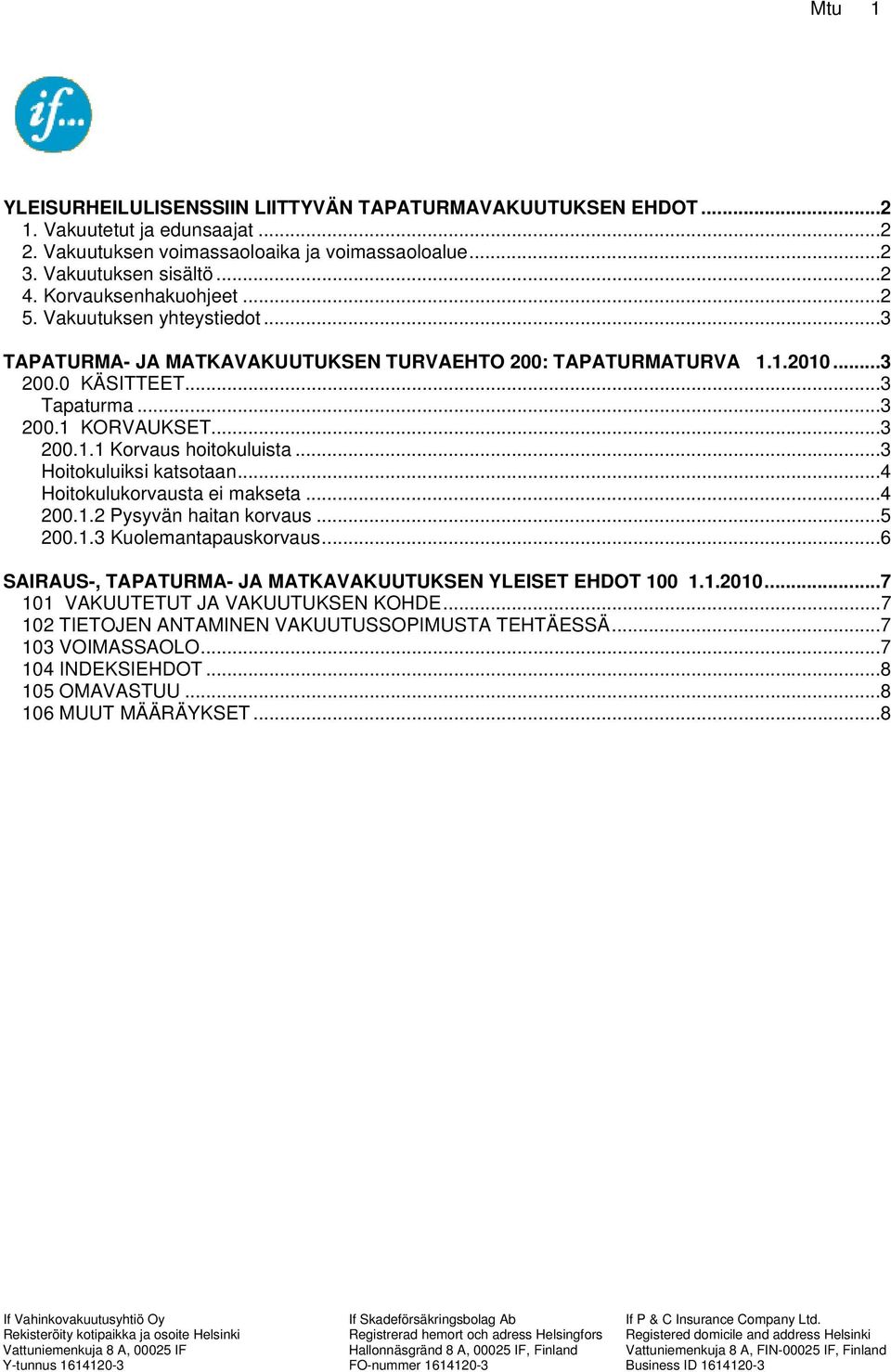 ..3 Hoitokuluiksi katsotaan...4 Hoitokulukorvausta ei makseta...4 200.1.2 Pysyvän haitan korvaus...5 200.1.3 Kuolemantapauskorvaus...6 SAIRAUS-, TAPATURMA- JA MATKAVAKUUTUKSEN YLEISET EHDOT 100 1.