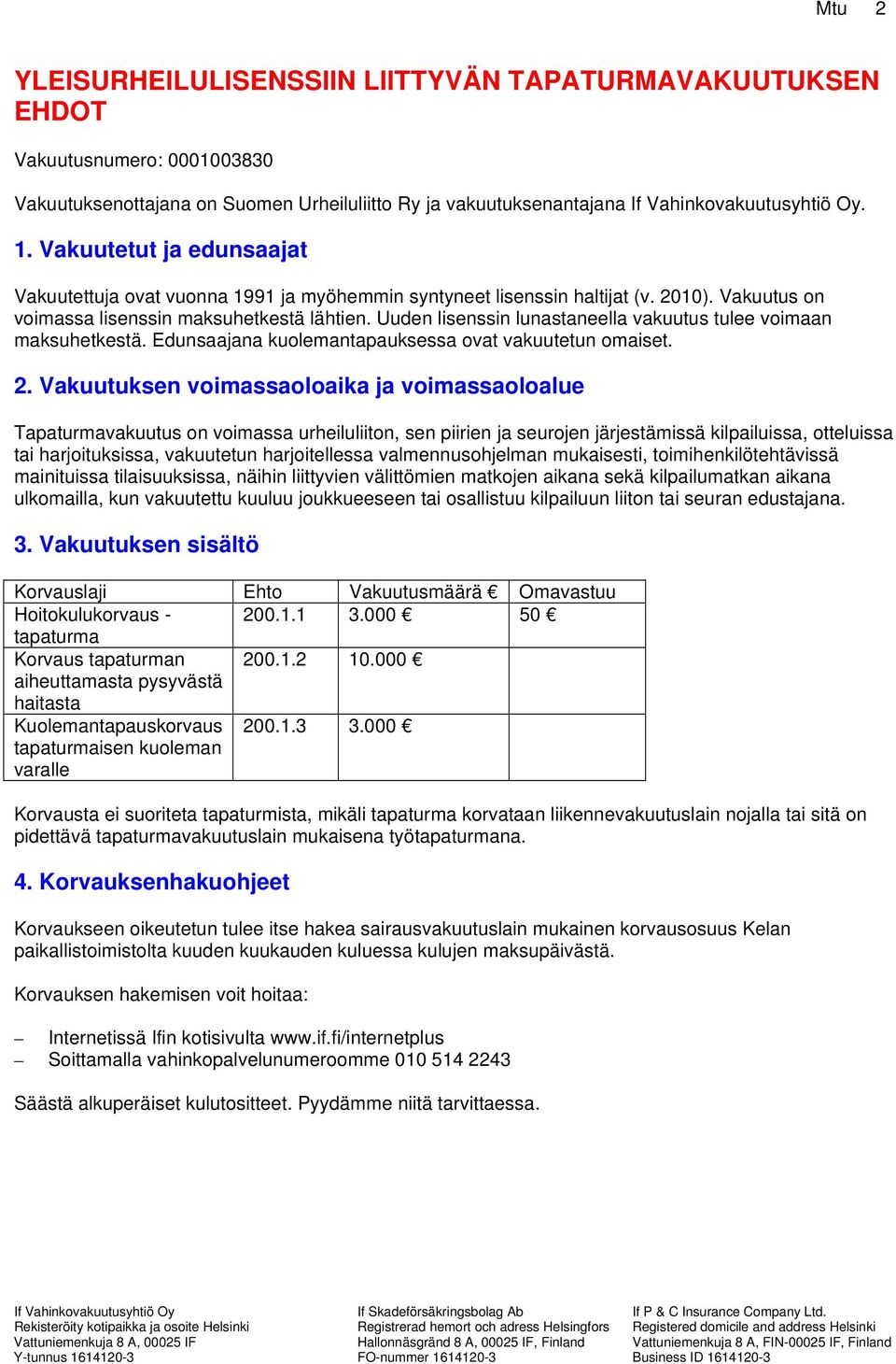 Uuden lisenssin lunastaneella vakuutus tulee voimaan maksuhetkestä. Edunsaajana kuolemantapauksessa ovat vakuutetun omaiset. 2.