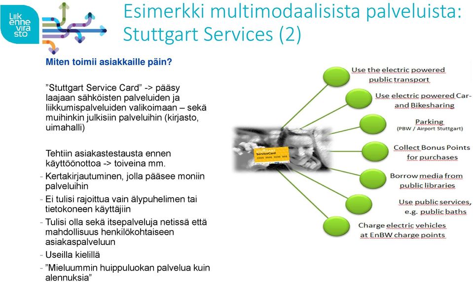 liikkumispalveluiden valikoimaan sekä muihinkin julkisiin palveluihin (kirjasto, uimahalli) Tehtiin asiakastestausta ennen käyttöönottoa -> toiveina
