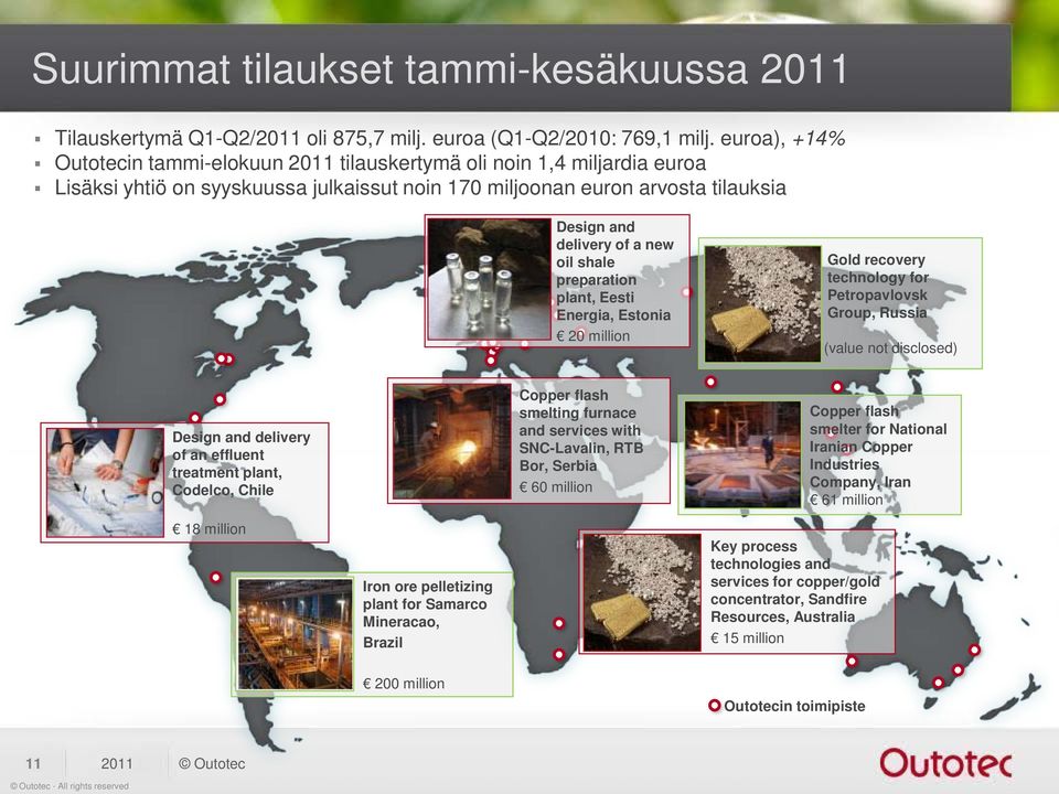 shale preparation plant, Eesti Energia, Estonia 20 million Gold recovery technology for Petropavlovsk Group, Russia (value not disclosed) Design and delivery of an effluent treatment plant, Codelco,