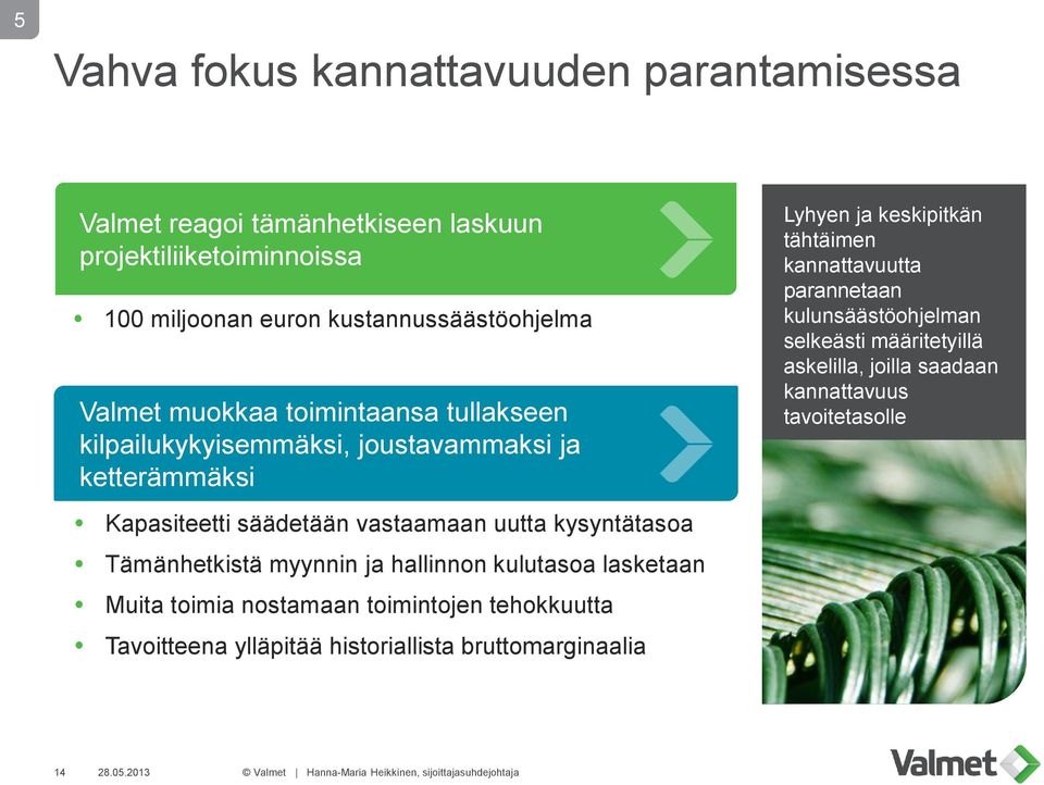 Tämänhetkistä myynnin ja hallinnon kulutasoa lasketaan Muita toimia nostamaan toimintojen tehokkuutta Tavoitteena ylläpitää historiallista