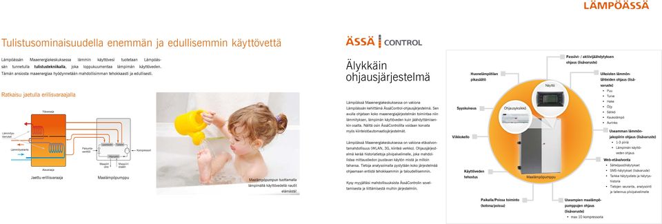 Älykkäin ohjausjärjestelmä Huonelämpötilan pikasäätö Näyttö Passiivi- / aktiivijäähdytyksen Ulkoisten lämmönlähteiden Ratkaisu jaetulla erillisvaraajalla Puu Turve Lämmityskierto Ylävaraaja