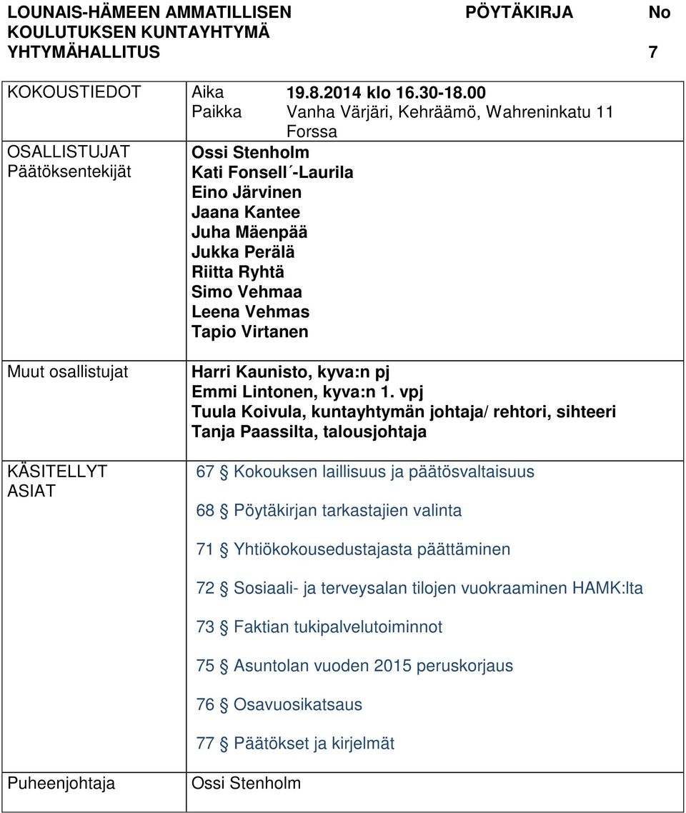 00 Vanha Värjäri, Kehräämö, Wahreninkatu 11 Forssa Harri Kaunisto, kyva:n pj Emmi Lintonen, kyva:n 1.