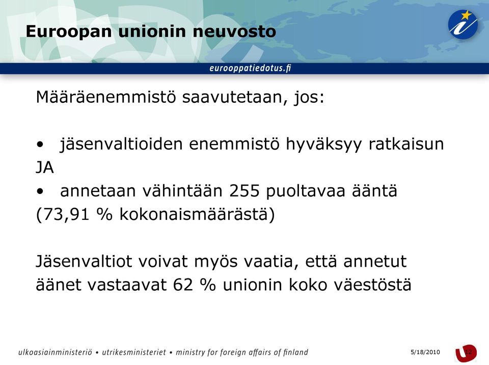 255 puoltavaa ääntä (73,91 % kokonaismäärästä) Jäsenvaltiot voivat