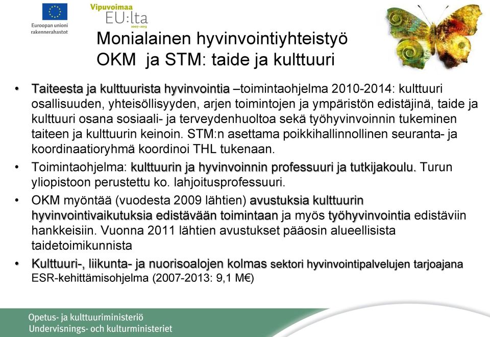 STM:n asettama poikkihallinnollinen seuranta- ja koordinaatioryhmä koordinoi THL tukenaan. Toimintaohjelma: kulttuurin ja hyvinvoinnin professuuri ja tutkijakoulu. Turun yliopistoon perustettu ko.