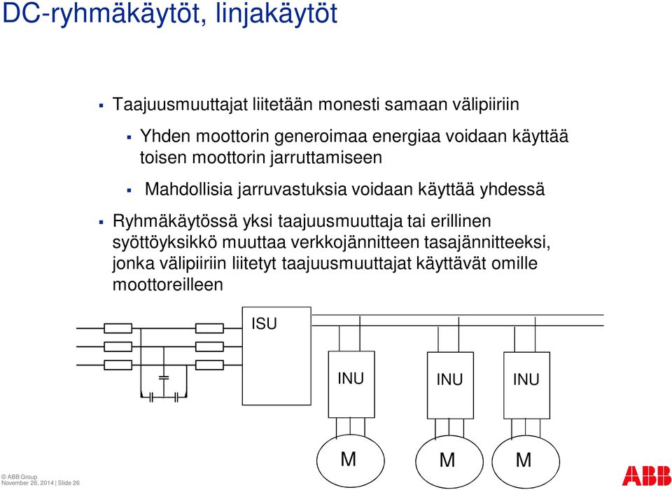 Ryhmäkäytössä yksi taajuusmuuttaja tai erillinen syöttöyksikkö muuttaa verkkojännitteen tasajännitteeksi, jonka