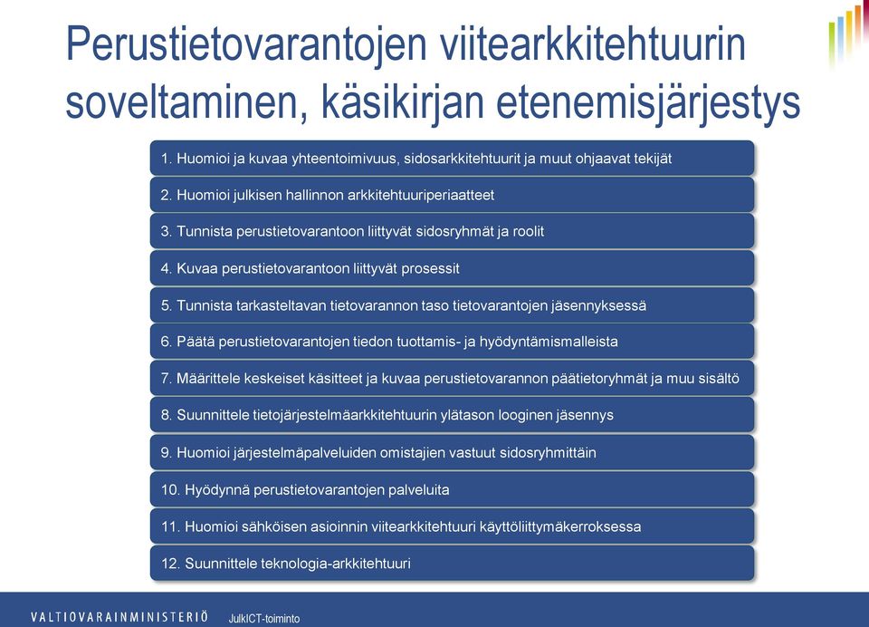 Tunnista tarkasteltavan tietovarannon taso tietovarantojen jäsennyksessä 6. Päätä perustietovarantojen tiedon tuottamis- ja hyödyntämismalleista 7.