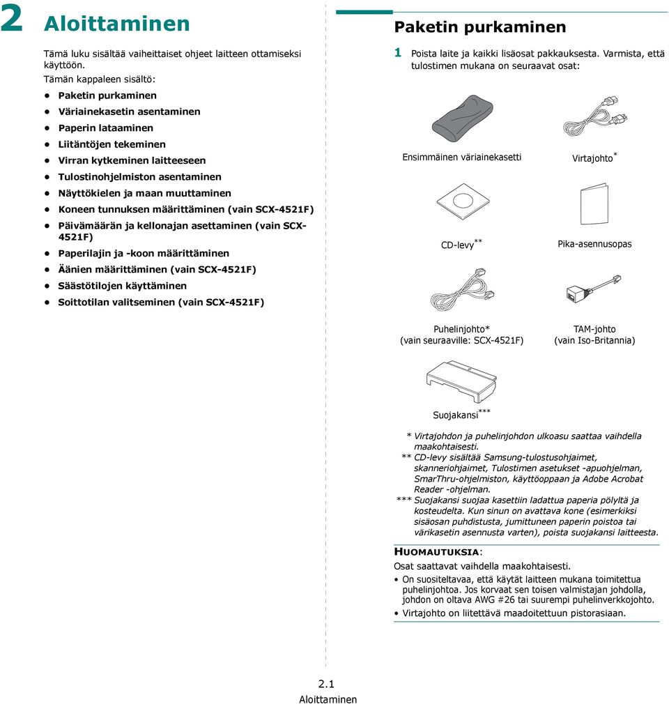 muuttaminen Koneen tunnuksen määrittäminen (vain SCX-4521F) Päivämäärän ja kellonajan asettaminen (vain SCX- 4521F) Paperilajin ja -koon määrittäminen Äänien määrittäminen (vain SCX-4521F)