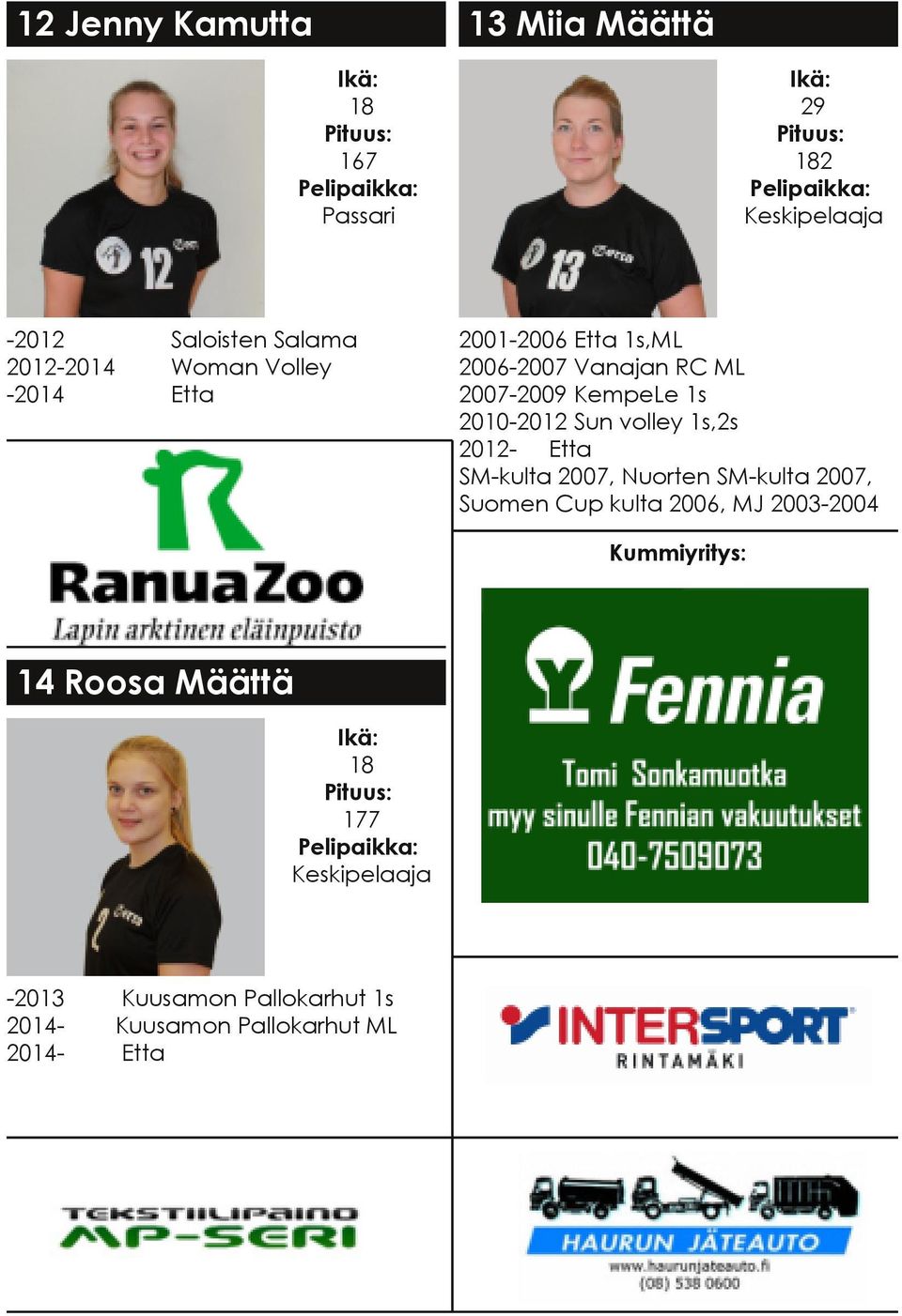 volley 1s,2s 2012 SM kulta 2007, Nuorten SM kulta 2007, Suomen Cup kulta 2006, MJ 2003 2004