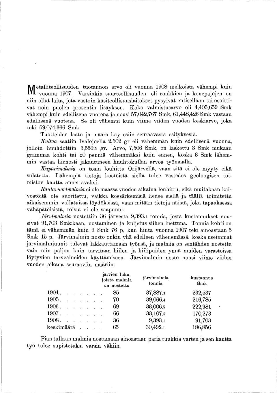 Koko valmistusarvo oli 4,405,659 Smk vähempi kuin edellisenä vuotena ja nousi 57,042,767 Smk, 6,448,426 Smk vastaan edellisenä vuotena.