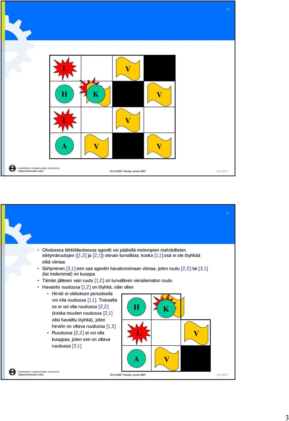 turvallinen vierailematon ruutu Havainto ruudussa [1,2] on löyhkä, näin ollen Hirviö ei oletuksen perusteella voi olla ruudussa [1,1].