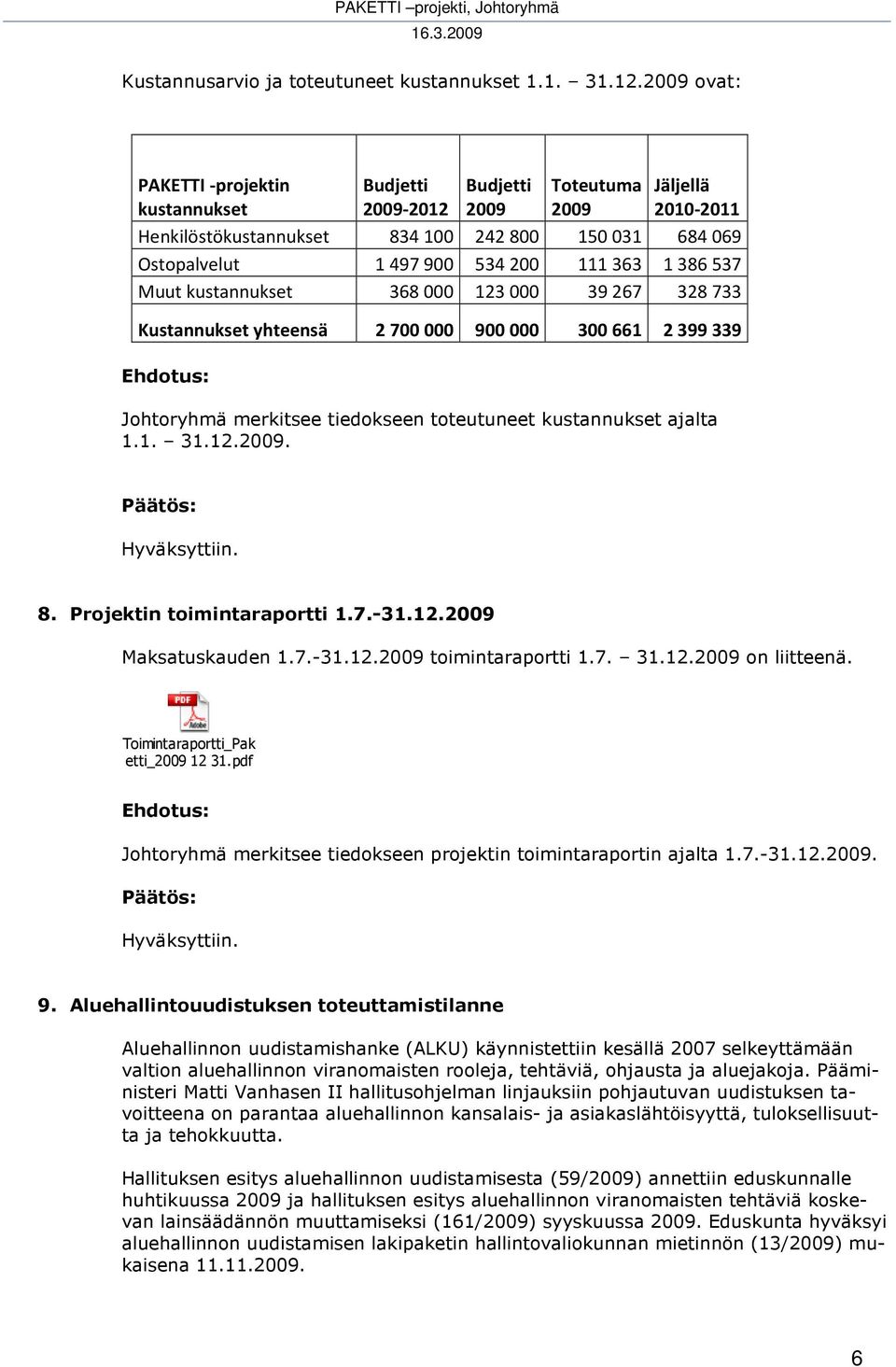363 1 386 537 Muut kustannukset 368 000 123 000 39 267 328 733 Kustannukset yhteensä 2 700 000 900 000 300 661 2 399 339 Johtoryhmä merkitsee tiedokseen toteutuneet kustannukset ajalta 1.1. 31.12.2009.