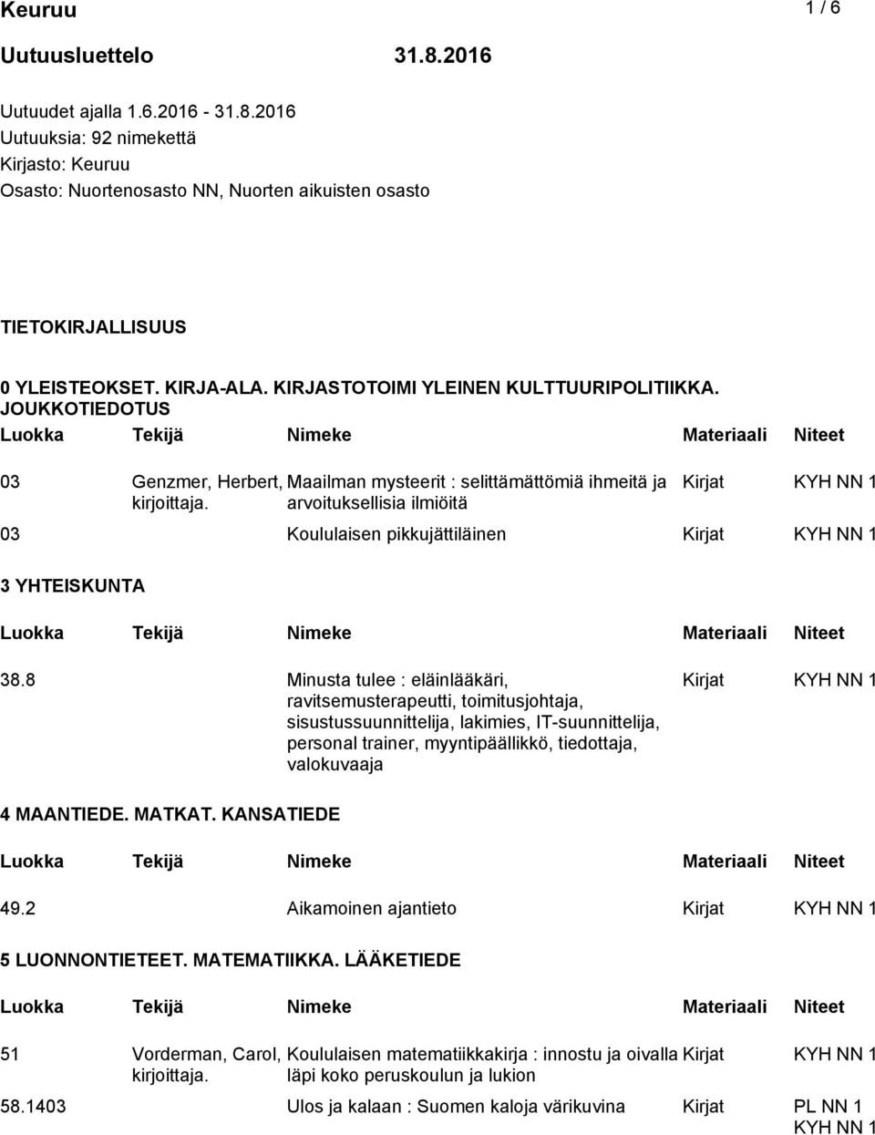 JOUKKOTIEDOTUS 03 Genzmer, Herbert, Maailman mysteerit : selittämättömiä ihmeitä ja arvoituksellisia ilmiöitä 03 Koululaisen pikkujättiläinen 3 YHTEISKUNTA 38.