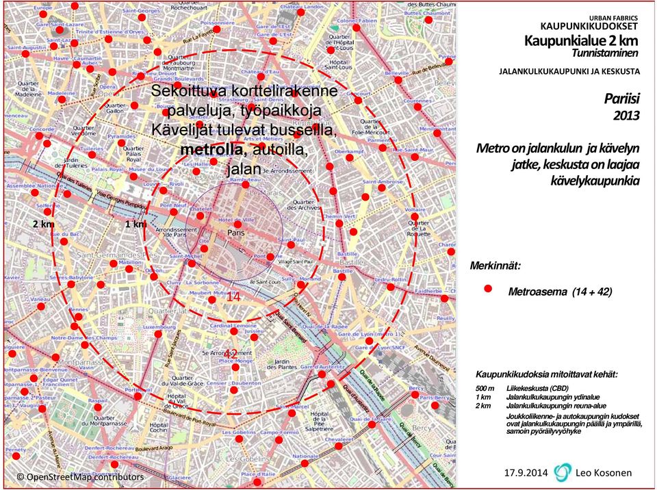 14 Metroasema (14 + 42) 42 Kaupunkikudoksia mitoittavat kehät: 500 m Liikekeskusta (CBD) 1 km Jalankulkukaupungin ydinalue 2 km Jalankulkukaupungin