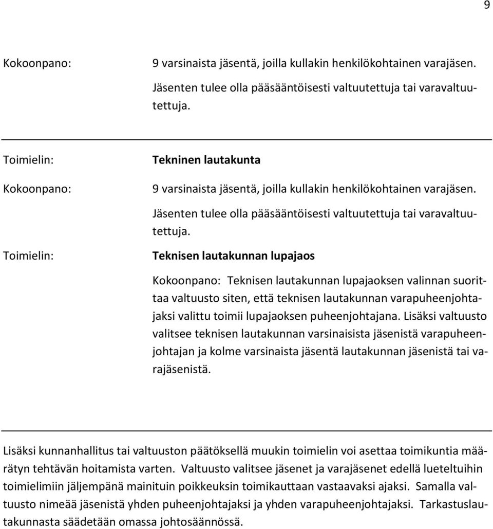 Toimielin: Teknisen lautakunnan lupajaos Kokoonpano: Teknisen lautakunnan lupajaoksen valinnan suorittaa valtuusto siten, että teknisen lautakunnan varapuheenjohtajaksi valittu toimii lupajaoksen
