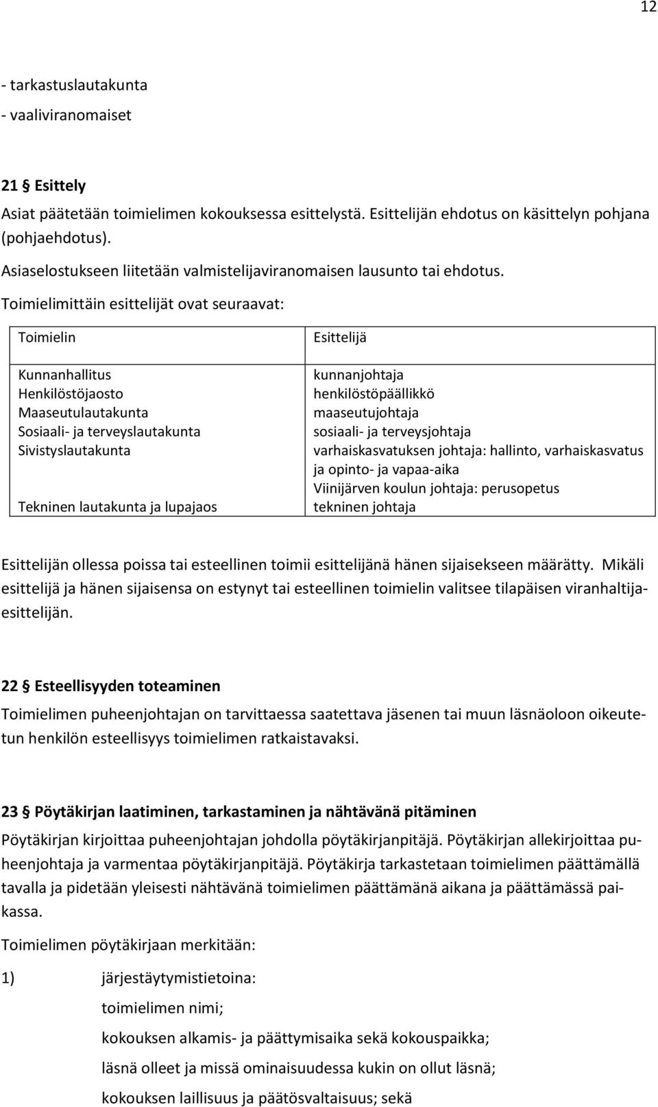 Toimielimittäin esittelijät ovat seuraavat: Toimielin Kunnanhallitus Henkilöstöjaosto Maaseutulautakunta Sosiaali- ja terveyslautakunta Sivistyslautakunta Tekninen lautakunta ja lupajaos Esittelijä