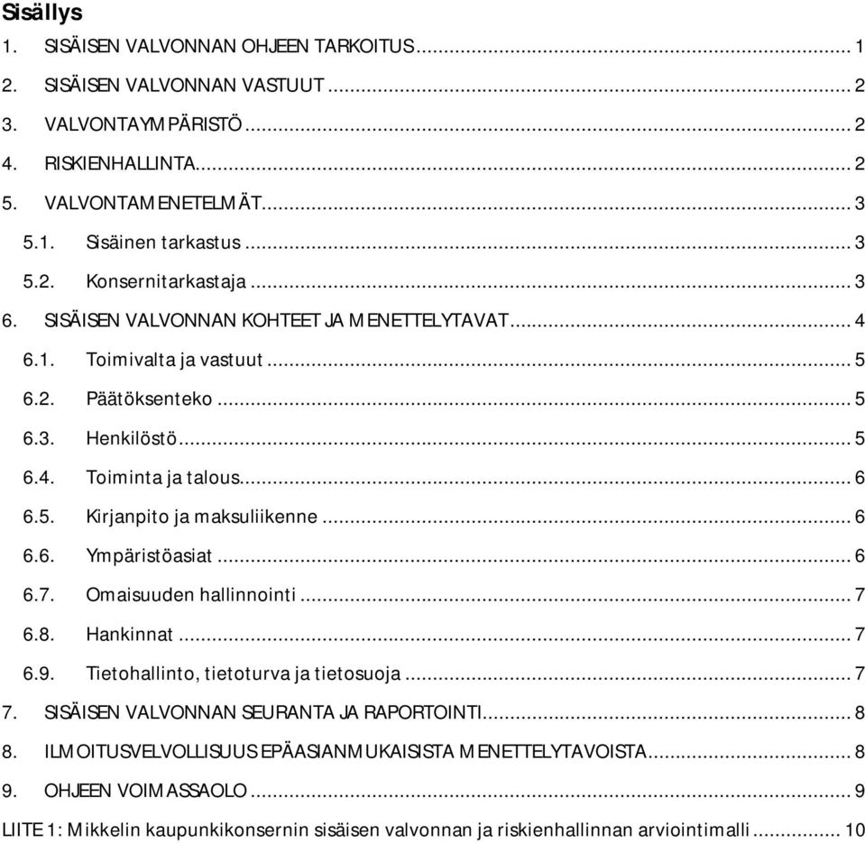 .. 6 6.6. Ympäristöasiat... 6 6.7. Omaisuuden hallinnointi... 7 6.8. Hankinnat... 7 6.9. Tietohallinto, tietoturva ja tietosuoja... 7 7. SISÄISEN VALVONNAN SEURANTA JA RAPORTOINTI... 8 8.
