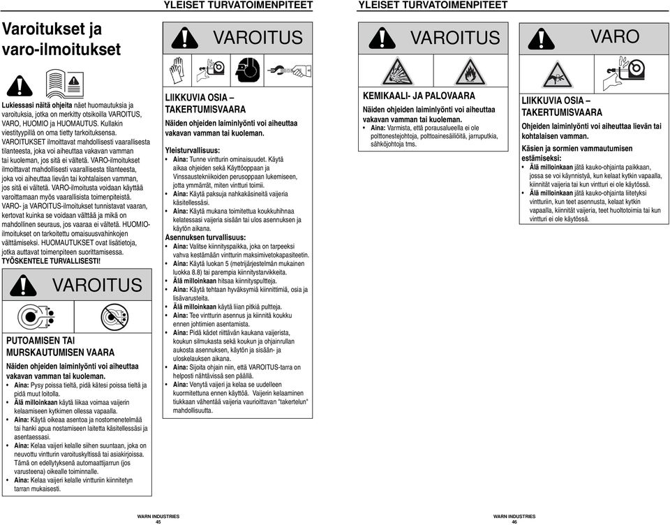 VARO-ilmoitukset ilmoittavat mahdollisesti vaarallisesta tilanteesta, joka voi aiheuttaa lievän tai kohtalaisen vamman, jos sitä ei vältetä.