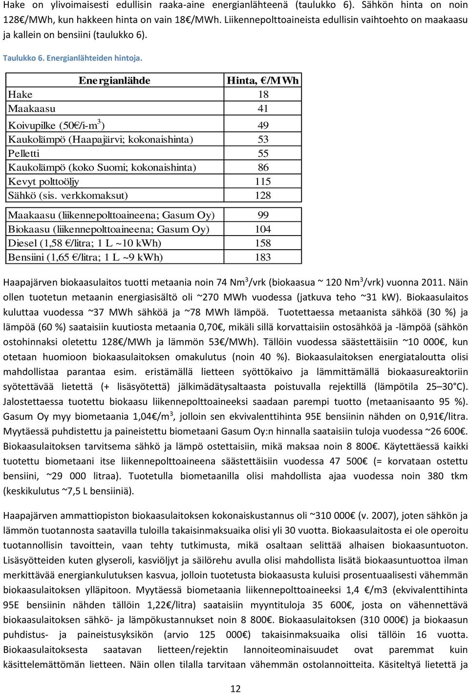 Energianlähde Hinta, /MWh Hake 18 Maakaasu 41 Koivupilke (50 /i-m 3 ) 49 Kaukolämpö (Haapajärvi; kokonaishinta) 53 Pelletti 55 Kaukolämpö (koko Suomi; kokonaishinta) 86 Kevyt polttoöljy 115 Sähkö