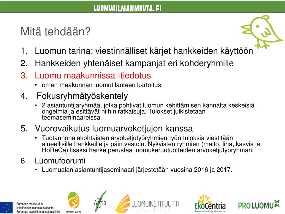 Fokusryhmätyöskentely 2 asiantuntijaryhmää, jotka pohtivat luomun kehittämisen kannalta keskeisiä ongelmia ja esittävät niihin ratkaisuja. Tulokset julkistetaan teemaseminaareissa. 5.