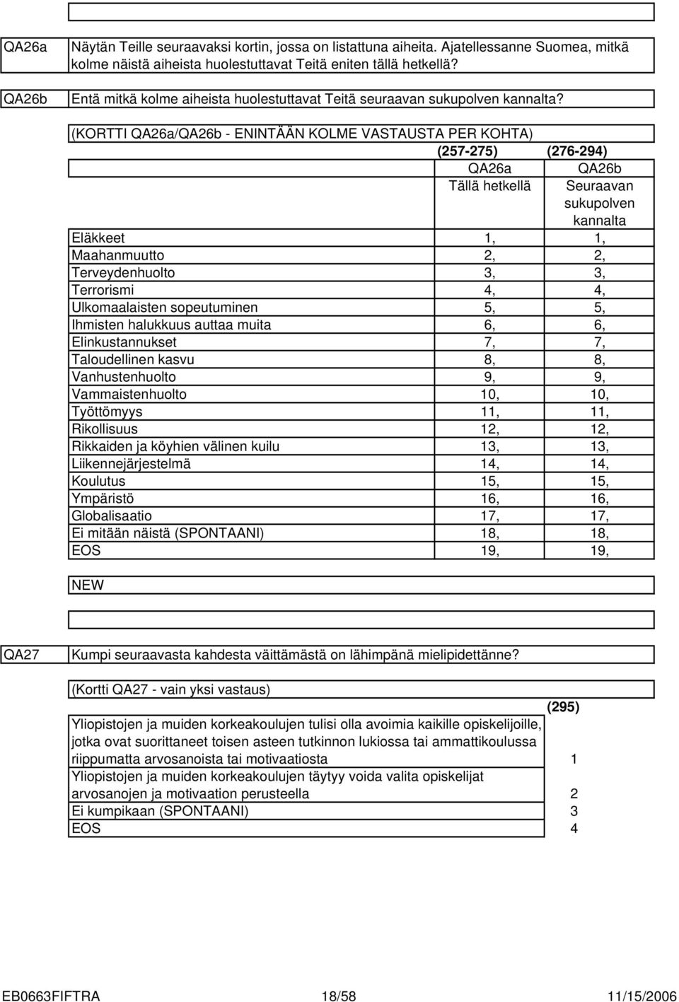 (KORTTI QA6a/QA6b - ENINTÄÄN KOLME VASTAUSTA PER KOHTA) (7-7) (76-9) QA6a QA6b Tällä hetkellä Seuraavan sukupolven kannalta Eläkkeet,, Maahanmuutto,, Terveydenhuolto,, Terrorismi,, Ulkomaalaisten